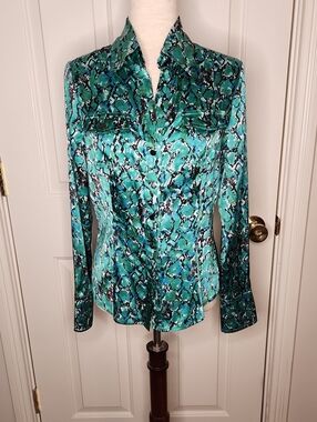 Cache Teal Black Snakeskin Pattern 95% Silk Top Size S
